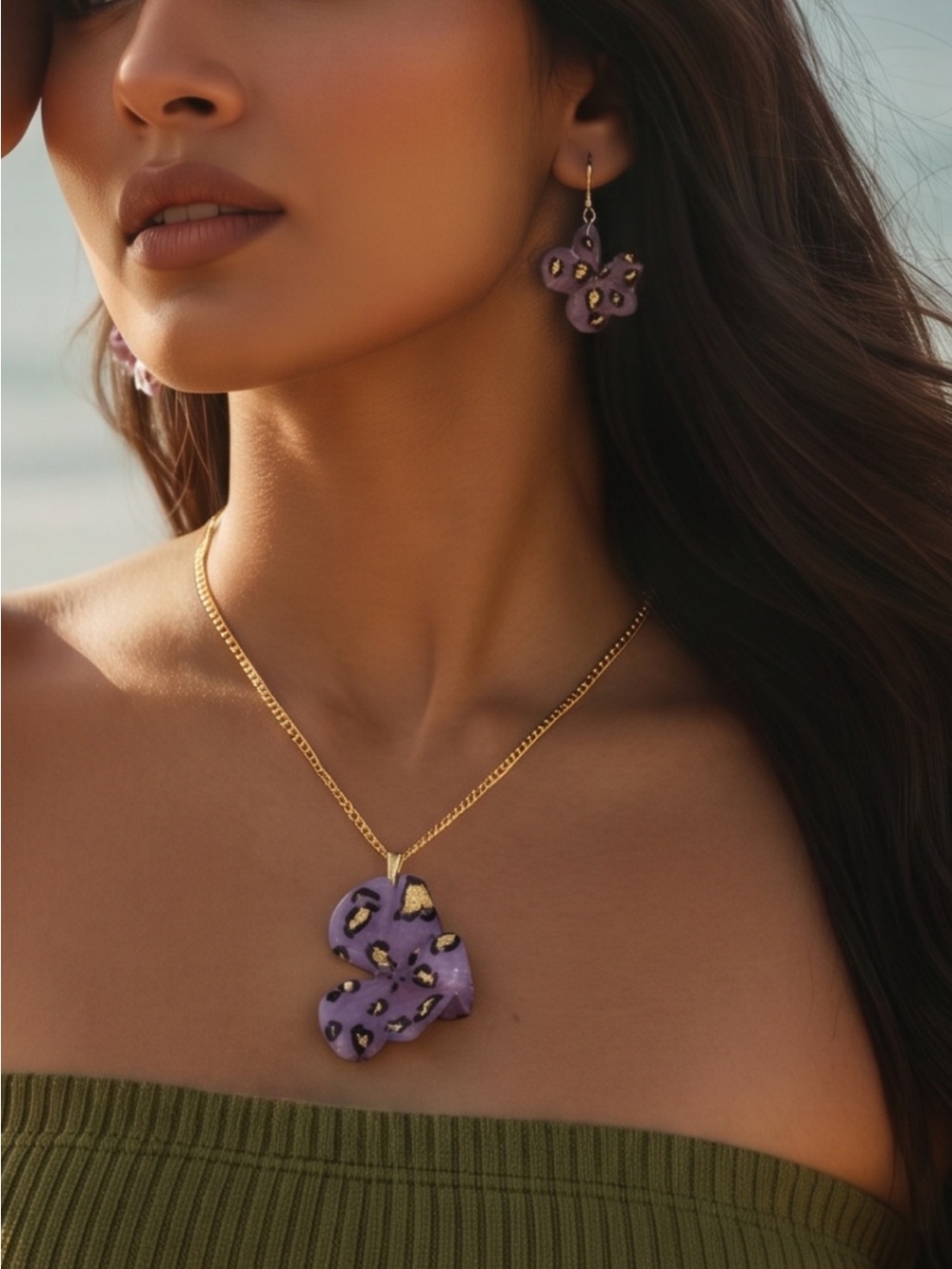 Purple  Leopard Pendant Necklace and Earrings Set - Women's Fashion Jewelry